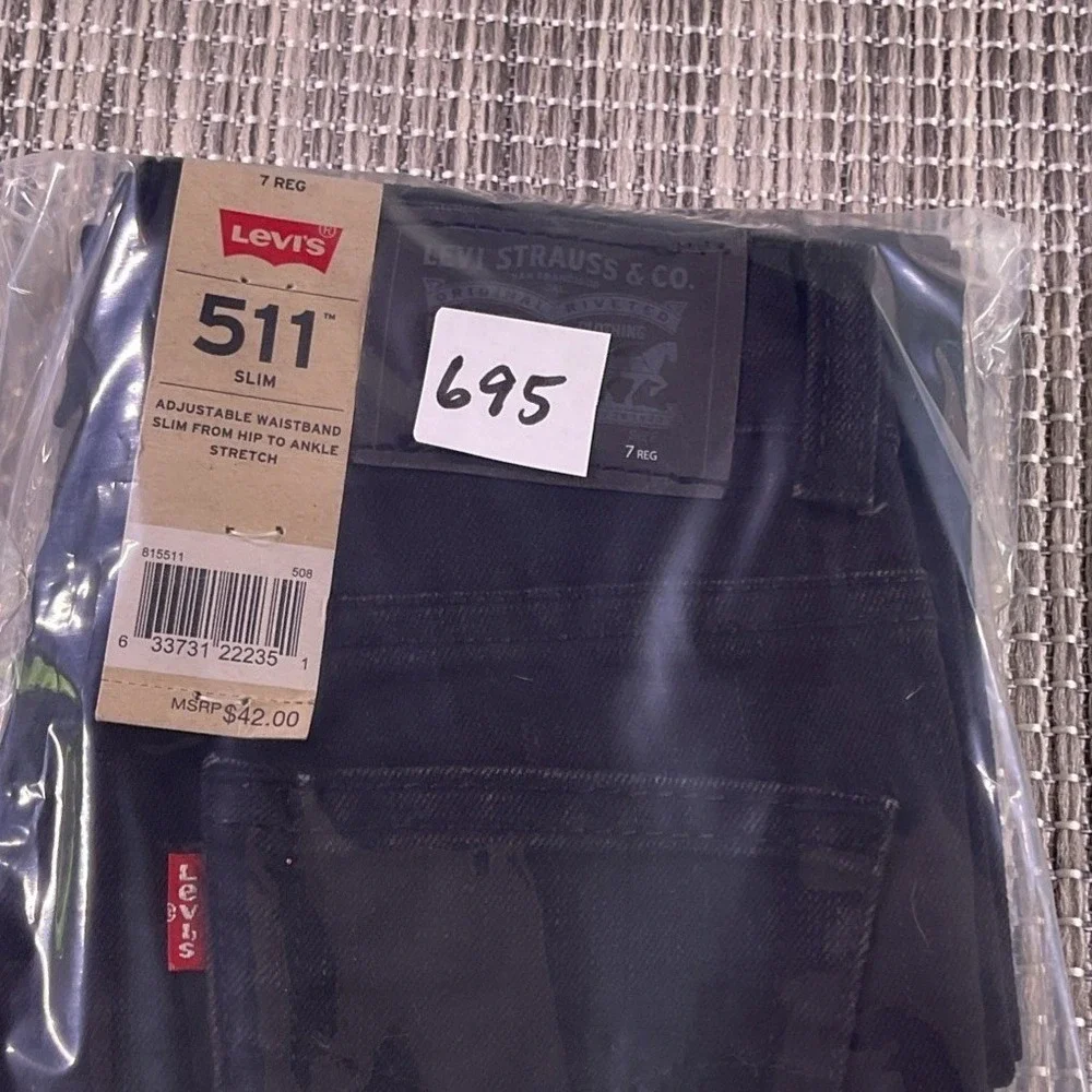 Levis 511 Slim Kids Jeans Black Adjustable Waist Stretch Denim Size 7 Regular